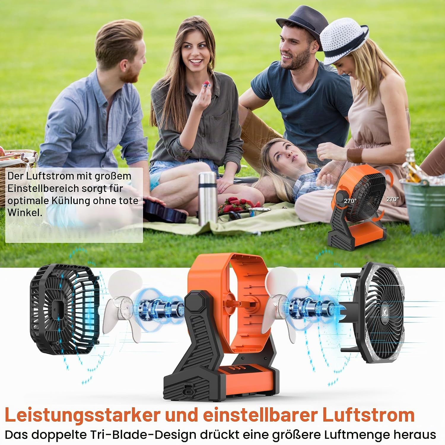 KITWLEMEN 20.000 mAh batteriebetriebener Campingventilator – max. 58 Stunden Kühlung, wiederaufladbarer, batteriebetriebener Tischventilator mit 4 Geschwindigkeiten, helles Licht und Haken zum